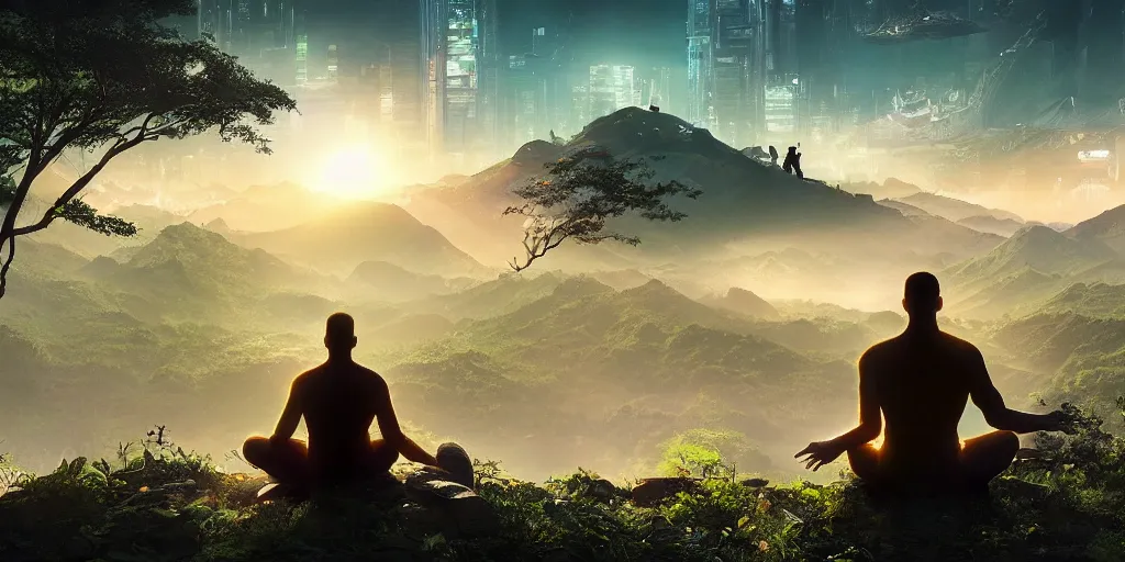 Image similar to a cinematic composition depicting : a computer run solarpunk civilization encroaching on a degrading cyberpunk world, on top of the mountain a man sits in a lotus pose overlooking a hopeful and lush foresty solarpunk valley at sunrise