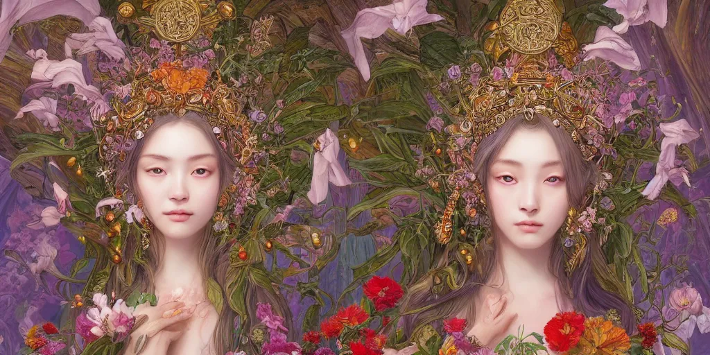 Image similar to breathtaking detailed concept art painting of the goddess Flora, orthodox saint, with anxious, piercing eyes, ornate background, amalgamation of leaves and flowers, by Hsiao-Ron Cheng, James jean, Miho Hirano, Hayao Miyazaki, HDR, extremely moody lighting, 8K