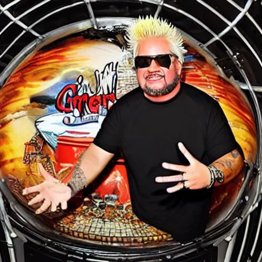 Prompt: guy fieri in the bathysphere trieste at the bottom of the marianas trench