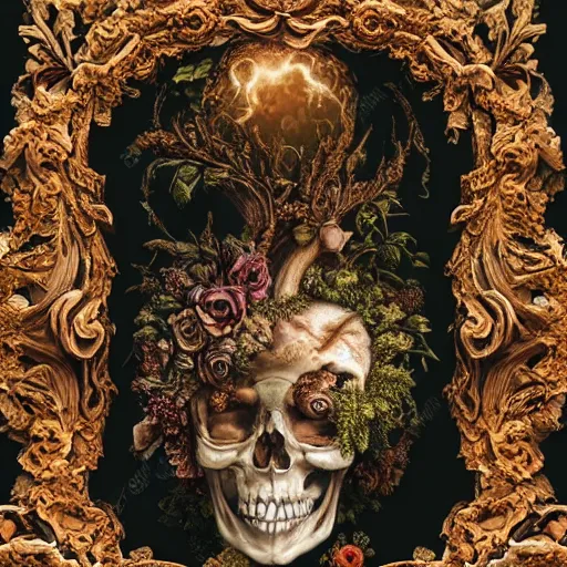 Image similar to a beautiful detailed front view rococo portrait of a rotten woman corpse becoming almost a skull with fractal plants and fractal flowers and mushrooms growing around, intricate, ornate, volumetric light, beautiful lit, polaroid photography, the northman