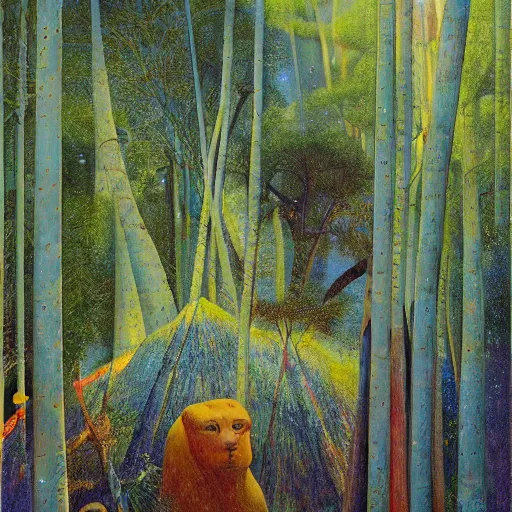 Image similar to psychedelic big cats lush pine forest, outer space, milky way, designed by arnold bocklin, jules bastien - lepage, tarsila do amaral, wayne barlowe and gustave baumann, cheval michael, trending on artstation, star, sharp focus, colorful refracted sparkles and lines, soft light, 8 k 4 k