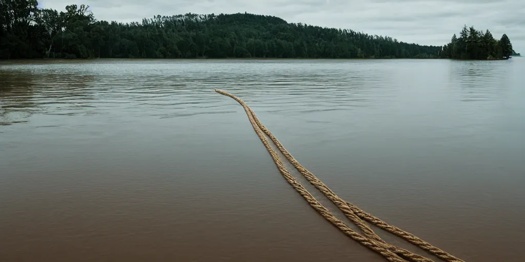 Prompt: centered photograph of a single line of big thick long rope tan floating on the surface curvy stretching out to the center of the lake, a dark lake sandy shore on a cloudy day, color film, trees in the background, hyper - detailed color photo, anamorphic lens