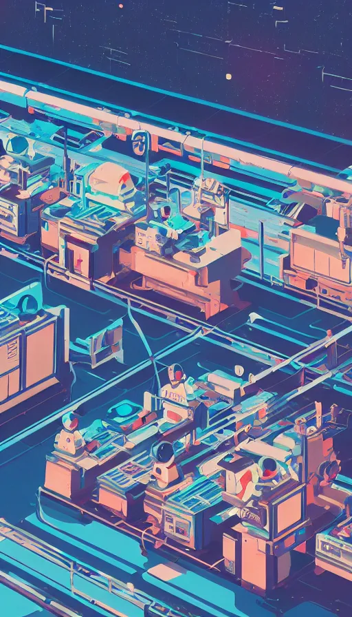 Prompt: robots in an assembly line inside a space station, sharp focus, james gilleard, print, risograph, cinematic, game art