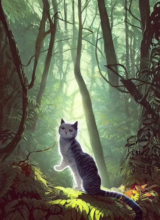 Image similar to a hyper realistic illustrated cat with happy lighting playing in the woods gorgeous lighting, sunbeams blue sky, lush forest foliage painting by chiara bautista and beksinski and norman rockwell and greg rutkowski weta studio, and lucasfilm