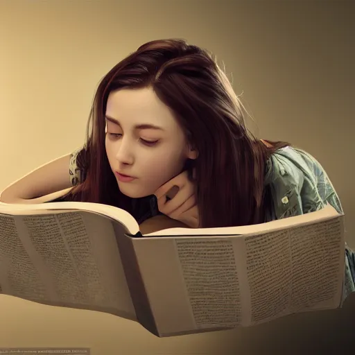 Prompt: ! dream a girl reading a book, her hair flowing down, hyper - realistic, very detailed, intricate, slight smile expression, photo realistic, dramatic cinematic lighting, octane render, 4 k, ultra detailed