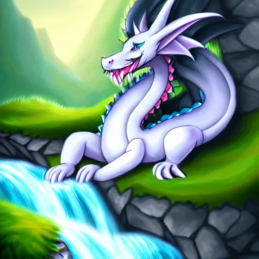 Image similar to furry art, female dragon sleeping by a waterfall, fursona commission, pixiv, furaffinity, portrait