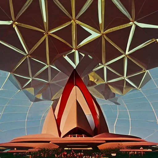 Image similar to futuristic lotus temple space station with gold, red and white marble panels, by buckminster fuller and syd mead, intricate contemporary architecture, photo journalism, photography, cinematic, national geographic photoshoot