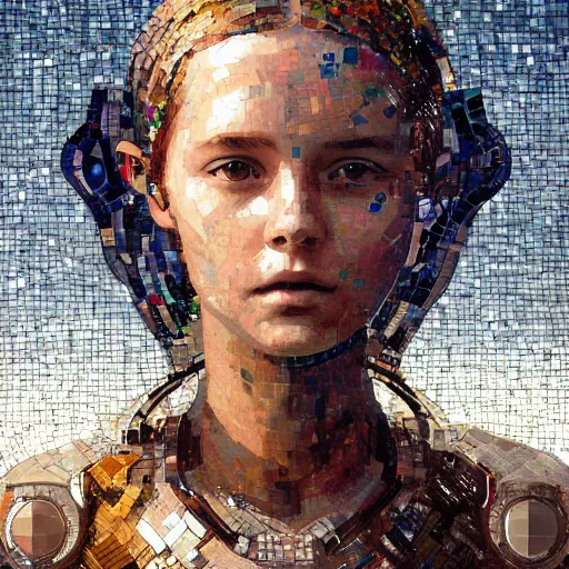 Image similar to mosaic portrait of a beautiful young girl with robot ears falling into the universe by greg rutkowski, 4k, intricate details, dichotomy