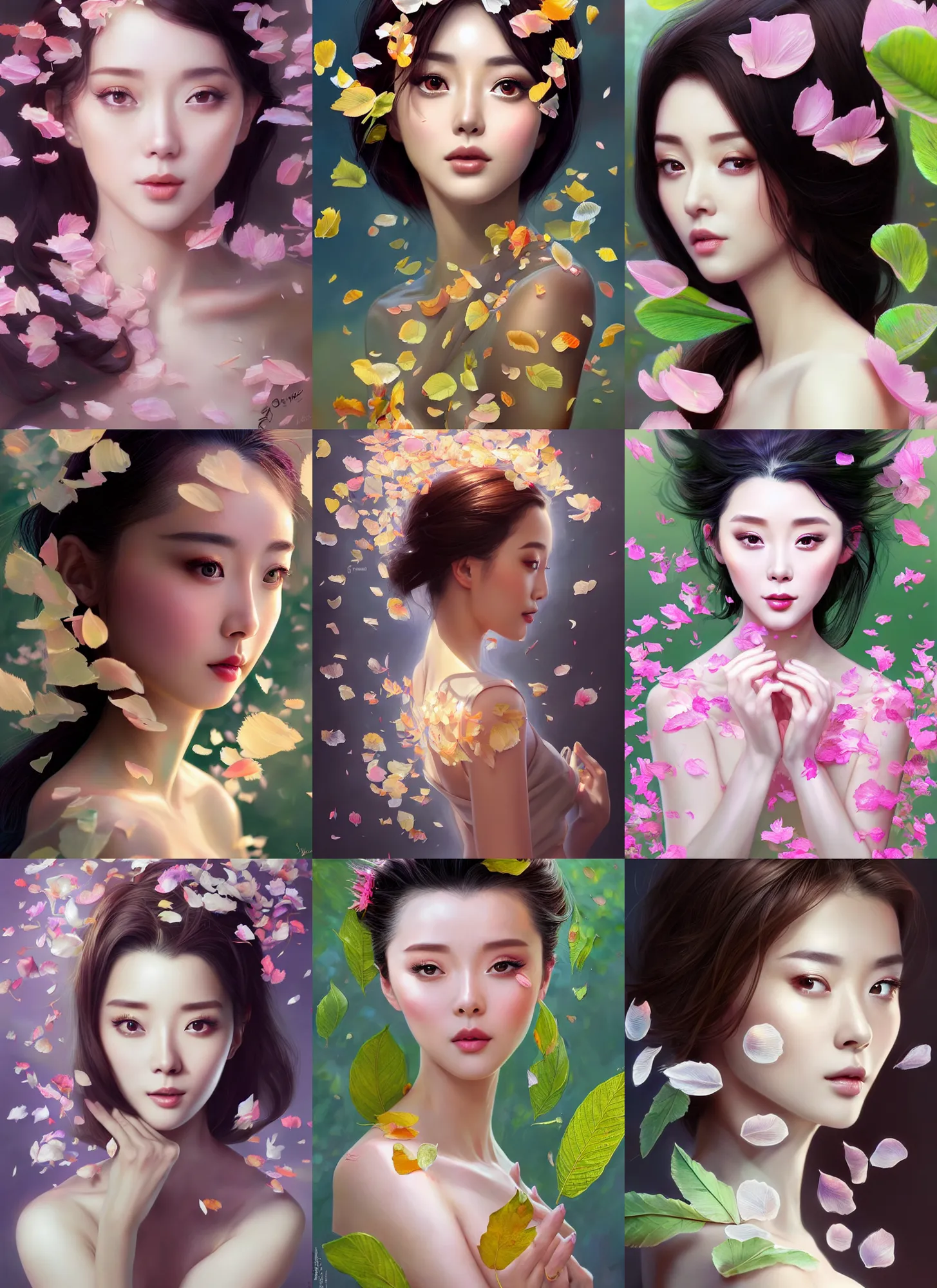 Prompt: gorgeous female covered in translucent leaf and petals in the style of stefan kostic, cute - fine - face, fan bingbing, backlit, refracted lighting, elegant, half body shot, 8 k, insanely detailed, intricate, art by stanley lau, artgerm, wlop, kuvshinov ilya,