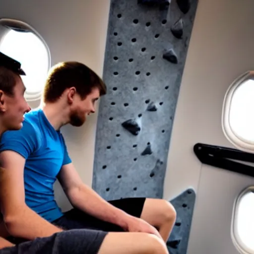 Image similar to a man is sitting in an airplane, watching his friends enjoy bouldering in a gym