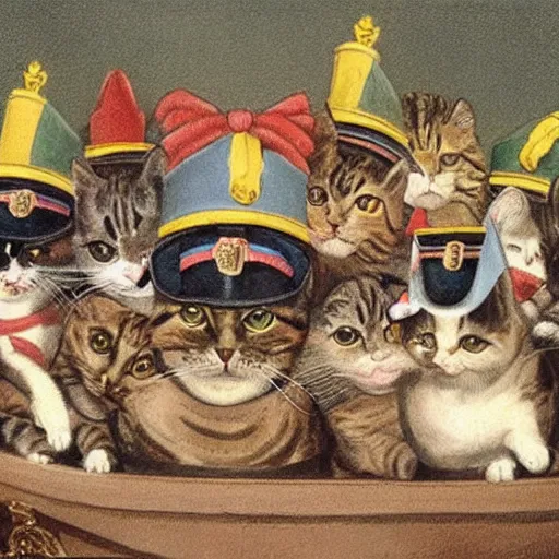 Image similar to a cat wearing napoleon's hat with a crowd of cats wearing helmets behind him. they're on a road.