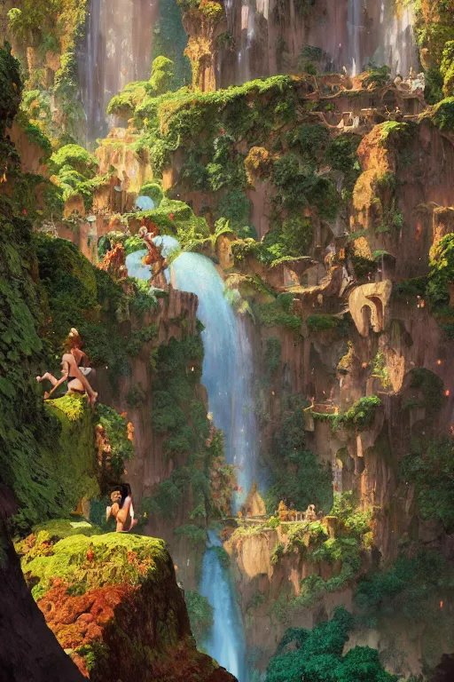 Prompt: a beautiful digital painting of an a fairy village built on an enormous waterfall by maxfield parrish, greg rutkowski, rossdraws, james jean, gerald brom, andrei riabovitchev, marc simonetti, and sakimichan, trending on artstation