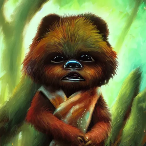 Image similar to cute ewok bathing in the forest, artstation, colorful