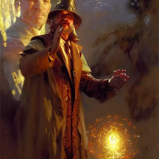 Image similar to stunning male master wizard casting float spell, highly detailed painting by gaston bussiere, craig mullins, j. c. leyendecker, 8 k