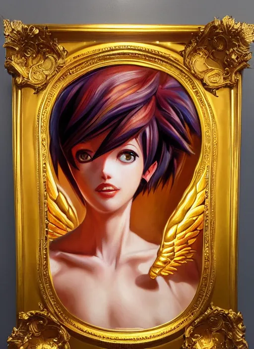 Prompt: full body oil painting of tracer overwatch in the style of delphin enjolras, angel wings, angelic golden armor, dramatic painting, symmetrical composition, ornate, golden chains, high detail, gold detailed collar!!!!!, blooming, angelic, lights, flowers, heavenly, bright, detailed face,