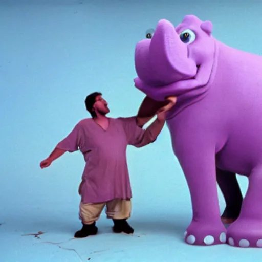 Image similar to the legend of big sir large purple elephant hippo monster, film still