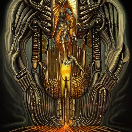 Prompt: beautiful painting of the lattice decopunk organ holding the conscience of God in the style of Welder Wings and H. R. Giger. Dark background, detailed, trending on Artstation