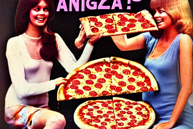 Prompt: 70s, angels, pizza, advertisement