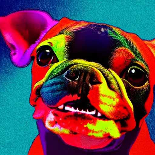 Image similar to rainbow excited smiling french bulldog using a computer. pop art.