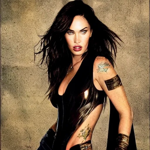 Prompt: portrait of Megan Fox as a super hero, highly detailed, photographed by Annie Leibovitz. full length photo.