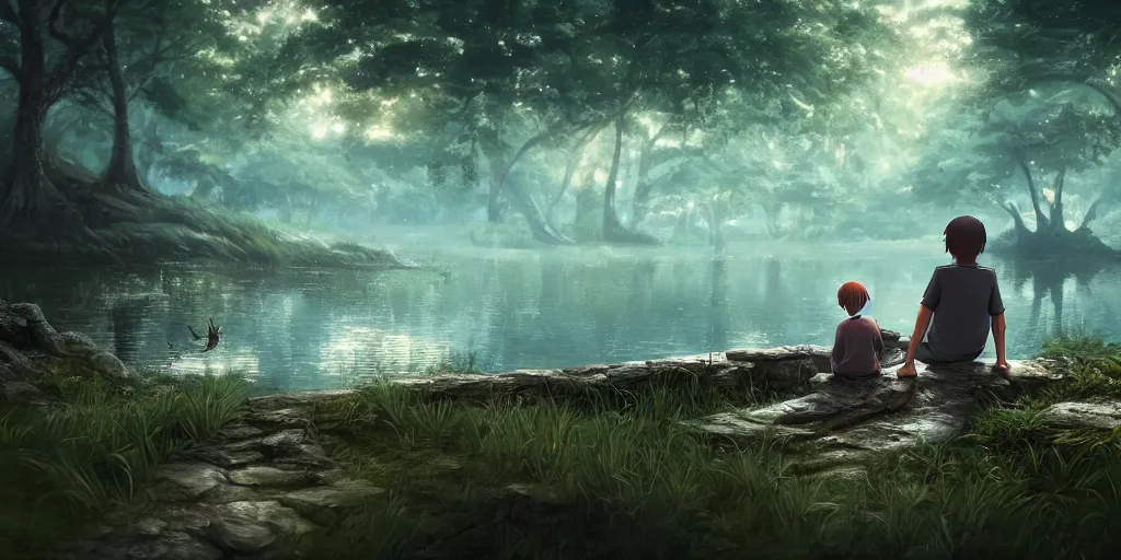 Image similar to a silver dragon and a boy sitting next to lake in forest, many fireflys, at night, concept art, dof, cryengine, digital art, detailed background, makoto shinkai