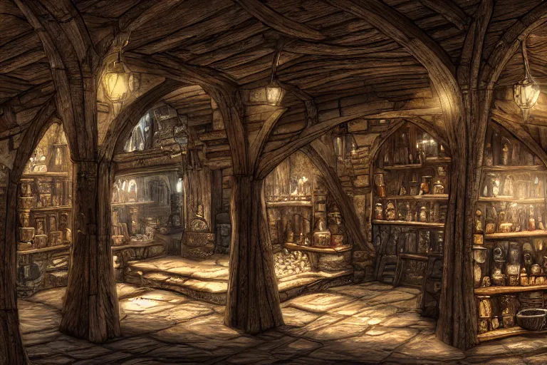 Image similar to A medieval shop viewed from the inside, texture, intricate, details, highly detailed, masterpiece, architecture, building, trending on artstation, focus, sharp focus, concept art, digital painting, fantasy, sunny, day, midday, in the style of skyrim