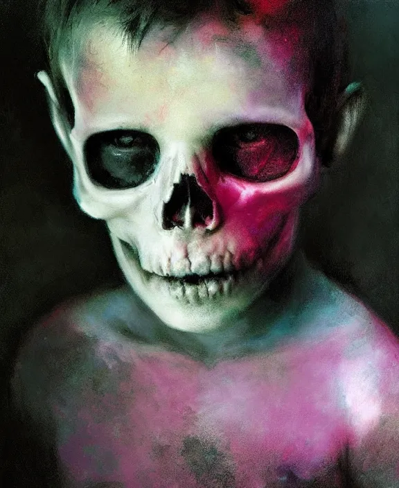 Image similar to a boy wearing a skull by jeremy mann, ultraviolet colors