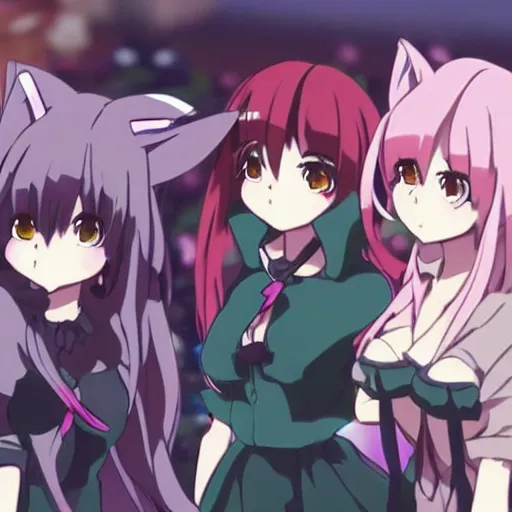 Image similar to “group of catgirls playing, anime still. rise of the cat girls(2020)”