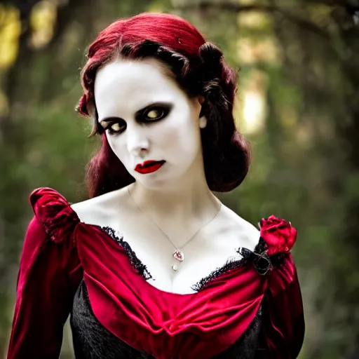 Prompt: A beautiful portrait of a lady vampire, victorian, dracula, ominous, depth of field, 85mm lens, bokeh, irwin penn, high definition, soft light