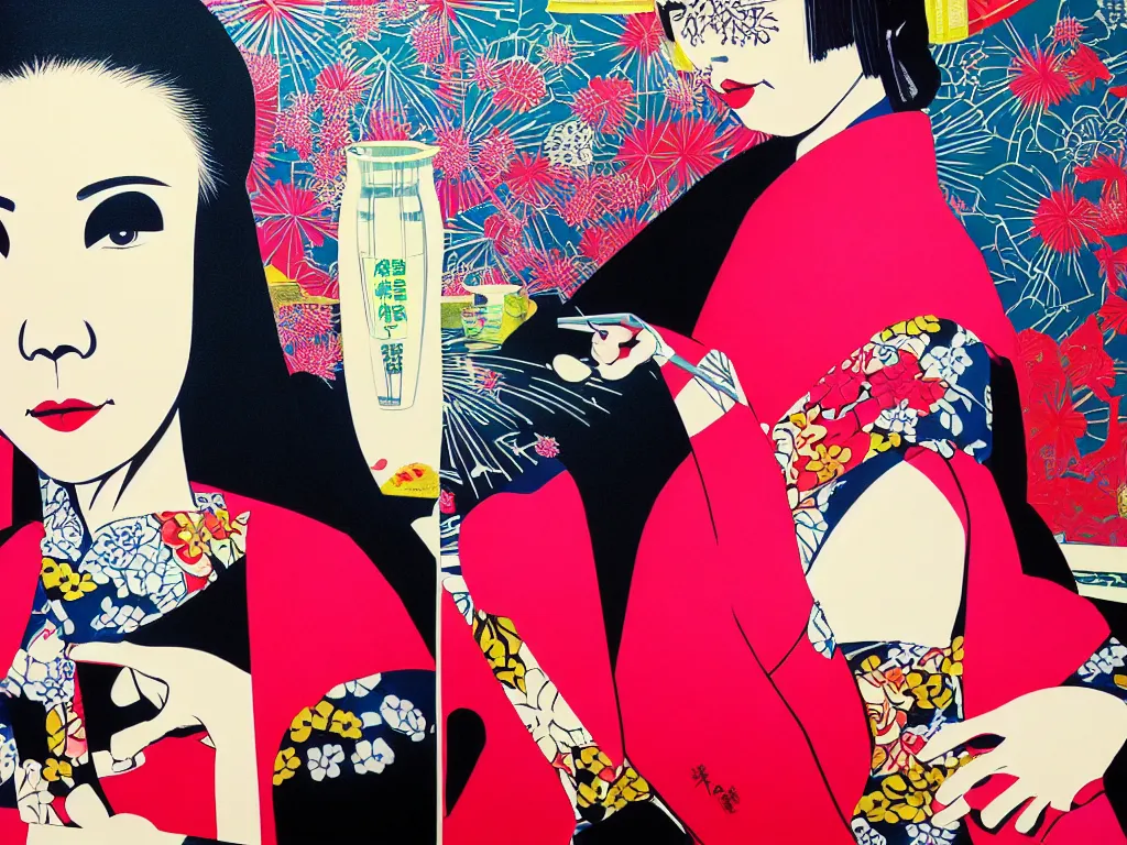 Image similar to hyperrealistic composition of the detailed woman in a japanese kimono sitting at a poker table with detailed darth vader, fireworks, mount fuji on the background, pop - art style, jacky tsai style, andy warhol style, acrylic on canvas