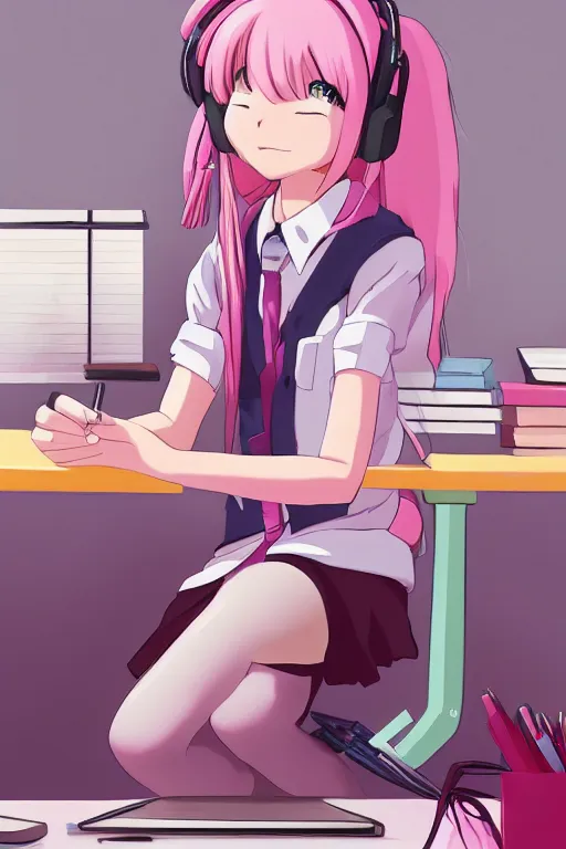 Image similar to high definition anime portrait of a pink haired anime schoolgirl sitting at a desk studying with headphones on, lo-fi art, by Studio Ghibli, trending on artstation, sharp high quality anime, digital art, photoshop, proportionate