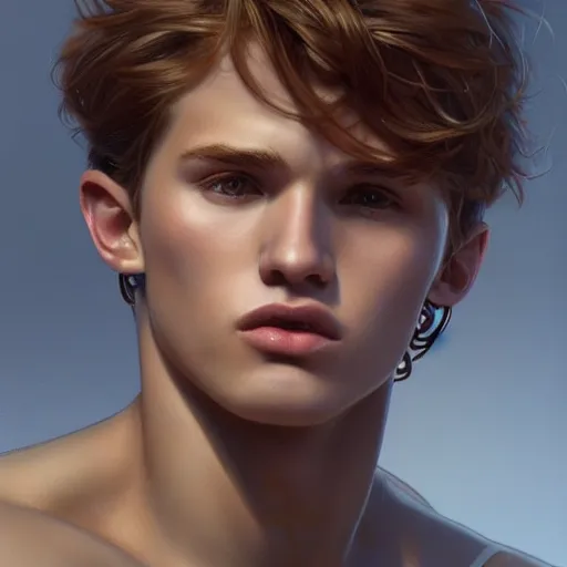 Image similar to ultra realistic illustration, bella thorne as a boy, intricate, elegant, highly detailed, digital painting, artstation, concept art, smooth, sharp focus, illustration, art by artgerm and greg rutkowski and alphonse mucha