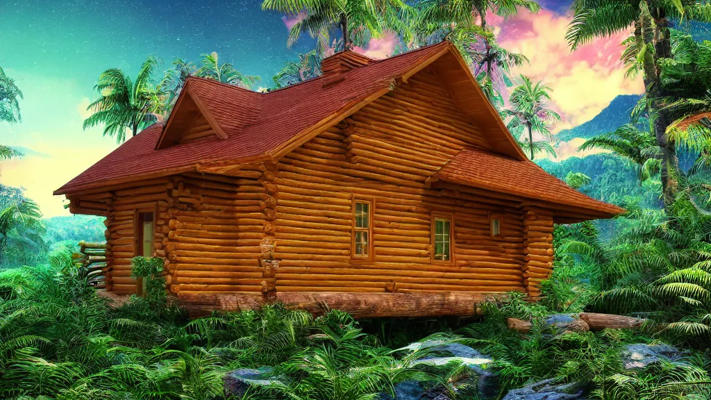 Image similar to golden log cabin in a vaporwave jungle, 4k, ultra realistic, award winning Photograph