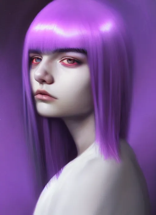 Image similar to hair whitebangs hair, black hair, whitebangs, portrait of teenage girl with white bangs, red irises, purple clothes, white bangs, bangs are different color from hair, intricate, elegant, glowing lights, highly detailed, digital painting, artstation, concept art, smooth, sharp focus, illustration, art by wlop, mars ravelo and greg rutkowski