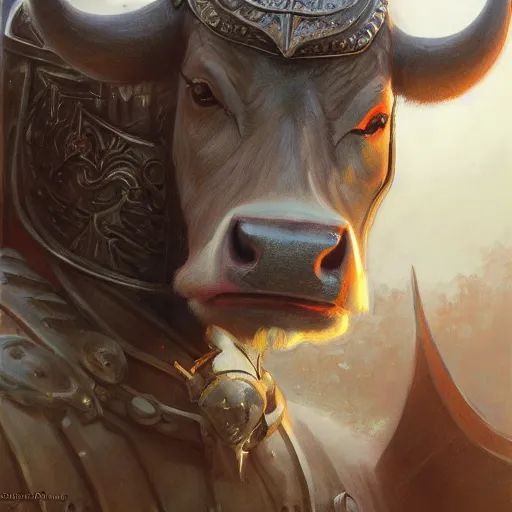 Image similar to cow knight as a realistic fantasy knight, closeup portrait art by donato giancola and greg rutkowski, realistic face, digital art, trending on artstation, symmetry!!