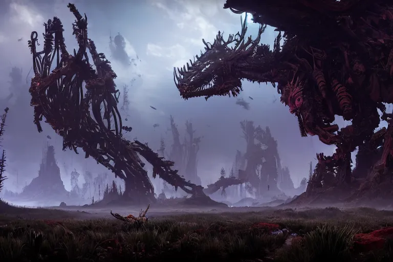 Image similar to wide epic shot from horizon forbidden west. a hyper detailed organic mechanic creatuve realistic similar look as horizon forbidden west horizon zero dawn, bioluminiscence in a dark deep forest at dawn in spring, with reflection and textures, by kilian eng, substance painter reaslitic mech surface metal painted scratches, world env from horizon forbidden west horizon zero dawn