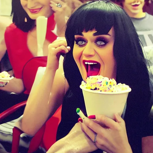 Prompt: katy perry enjoying soft serve, illustration by don hedin and paul granger