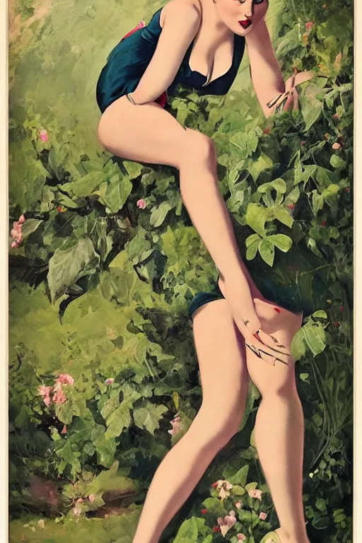 Image similar to a portrait one full body pin up post war dressing a military unioform,garden backgound Gil Elvgren style,center composition,anatomic correct