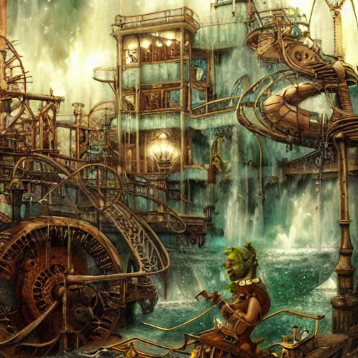 Prompt: steampunk waterpark painting by brain froud, charles vess, cinematic lighting, epic composition, highly detailed