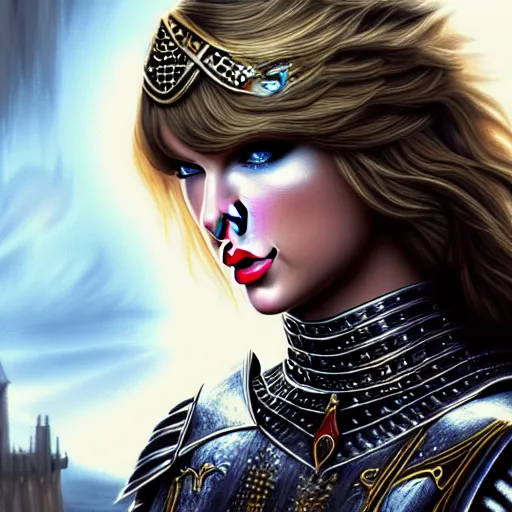 Image similar to the picture of taylor swift in a knight armor, epic fantasy art, mystical, mystic atmosphere, mythology, photo realistic, high detail, ultra realistic, hyper realistic, high definiton, 4 k uhd,