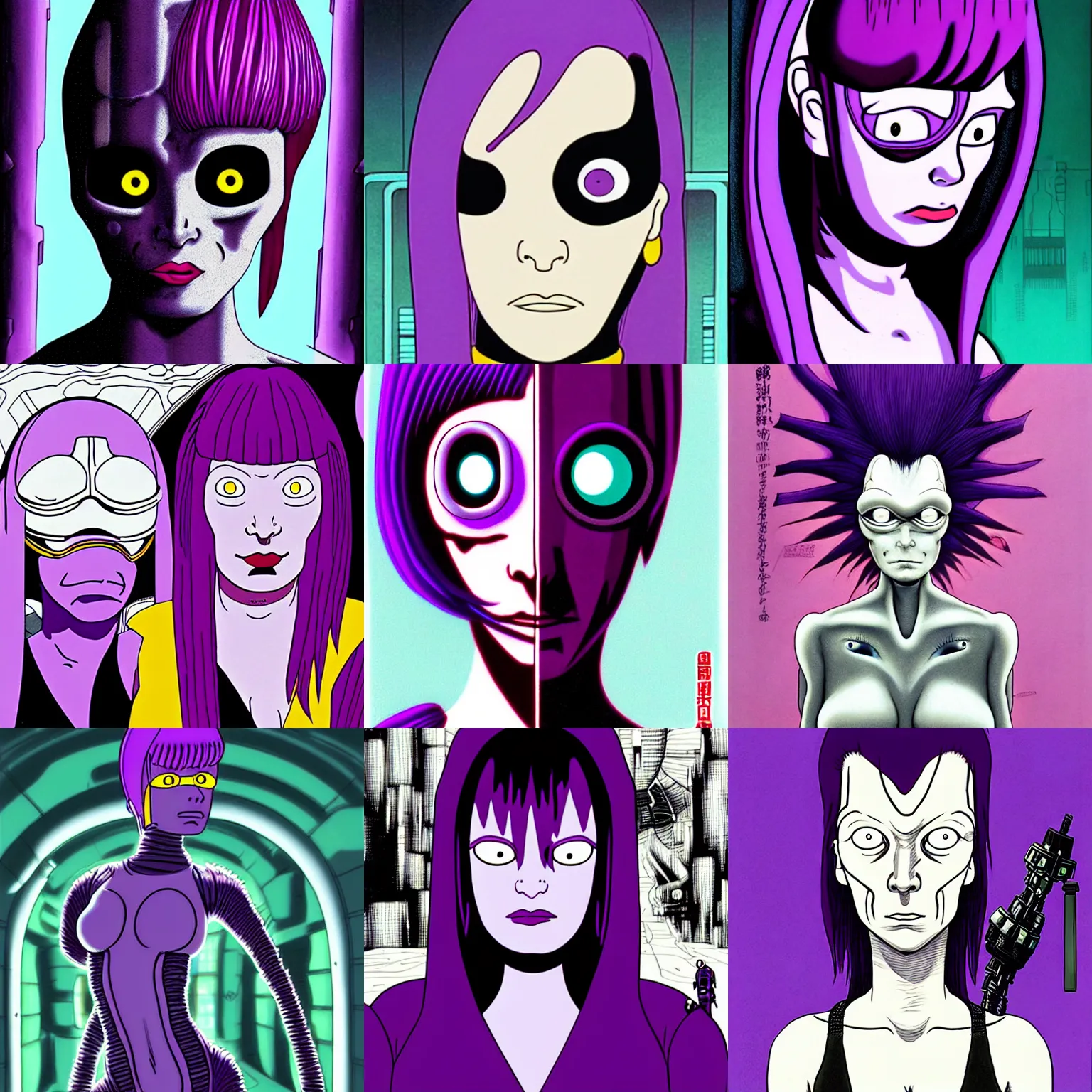 Prompt: portrait turanga leela with one eye from futurama in futuristic city, one eye from face, purple hair, by tsutomu nihei, by h. r. giger