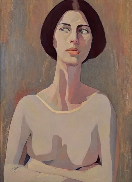 Image similar to a painted portrait of a confident women, art by felice casorati, aesthetically pleasing and harmonious natural colors, expressionism, natural light, fine day, portrait