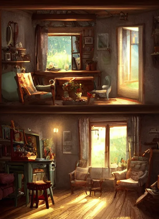 Image similar to beautiful interior of a cozy cottage, in the style of marco bucci, trending on artstation