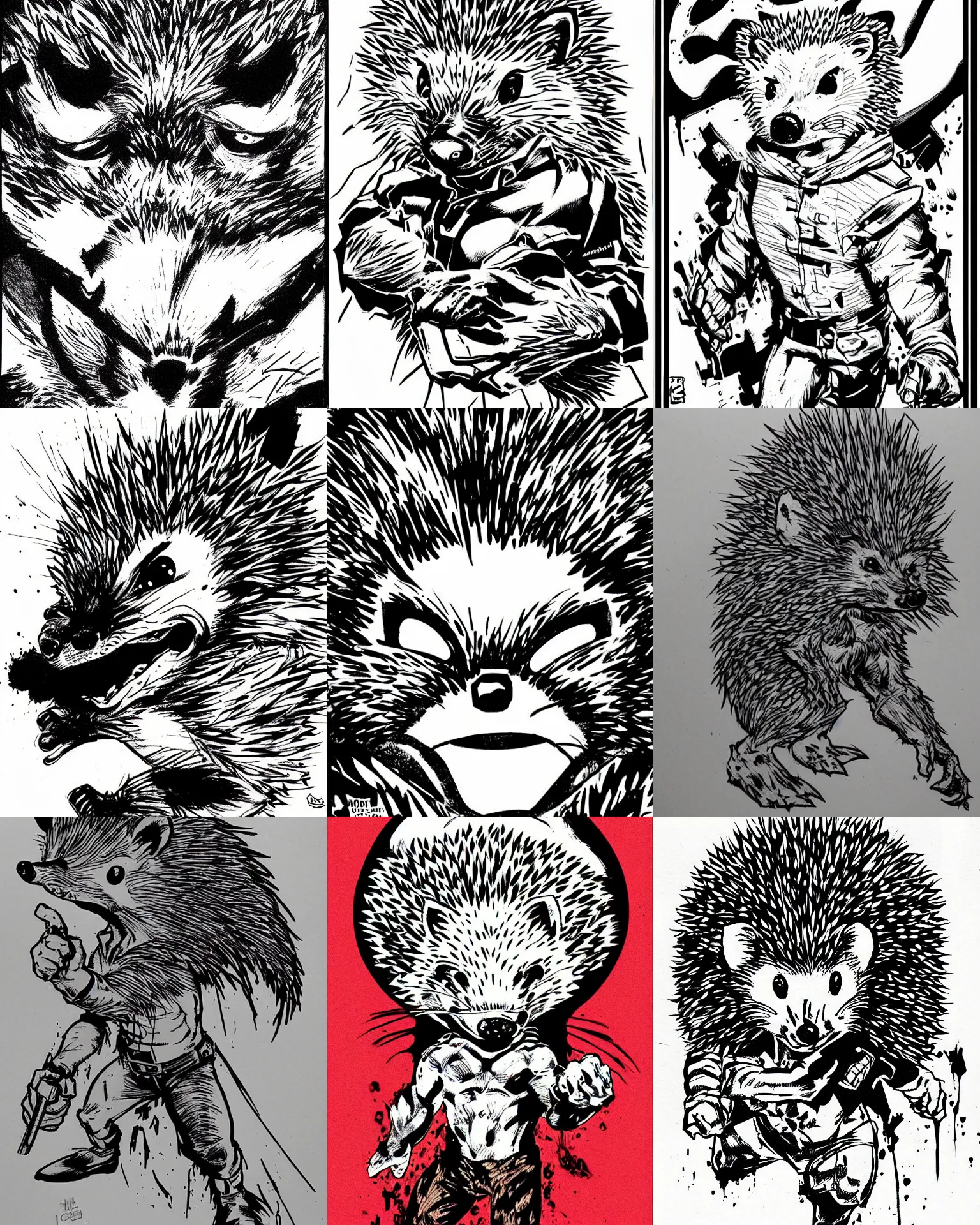 Prompt: hedgehog!!! jim lee!!! medium shot!! flat ink sketch by jim lee close up in the style of jim lee, zombie comic book hedgehog animal by jim lee