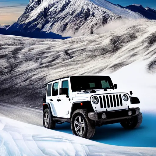 Image similar to white jeep wrangler driving up a steep snowy mountain cornice, high quality digital art, dramatic lighting, cinematic, photo realism