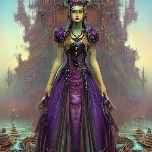 Image similar to photorealistic soft paint of absurdities and curiosities, single very beautiful asian princess full long dress, ultra deep fog, purple black lustrous thin haircut, partial symmetry accurate features, focus, very intricate ultrafine details, award winning masterpiece, steampunk world, rudolf freund dan mumford tom bagshaw