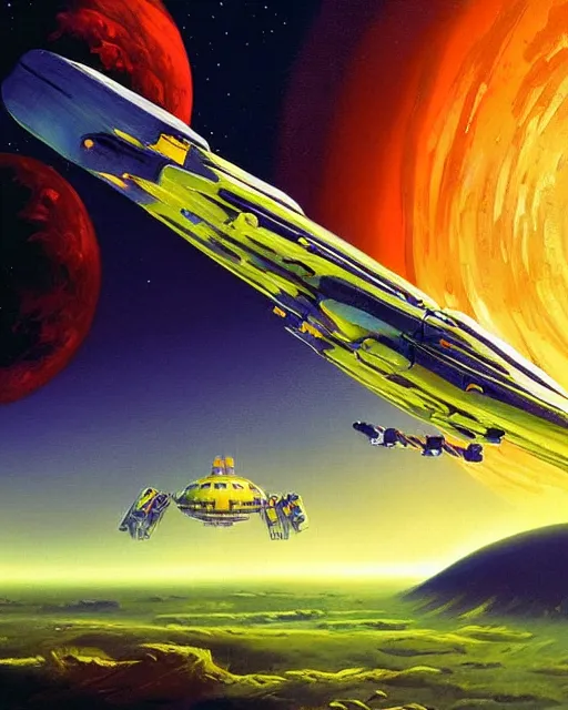 Prompt: a beautiful vibrant digital illustration of a majestic spaceship landing on an expansive and vast alien planet, by chris foss
