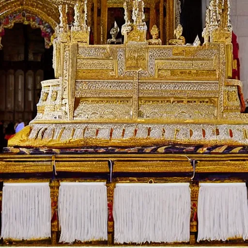 Image similar to a beautiful tomb in which the king's body has been perfectly preserved dressed in all his regal finery. there is no decay or blemish. his body is frozen in time and his body can clearly be seen sitting on his throne as perfect as in life