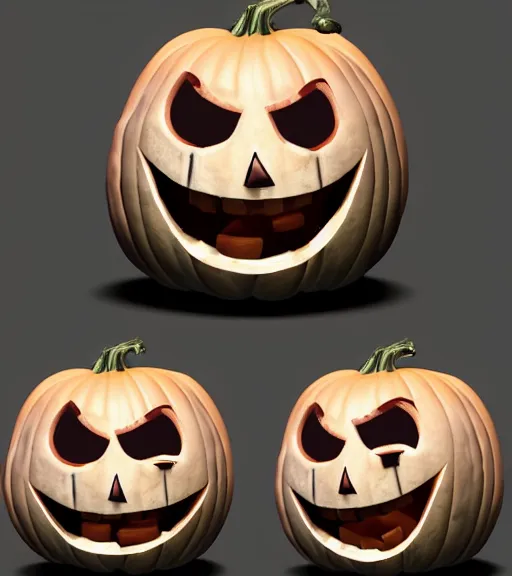 Prompt: a tim burton design of a pumpkin face with eye bags, giant and fat, laughing, detailed game art illustration, menacing carved facial expression, creepy lighting, 4 k artstation, masterpiece