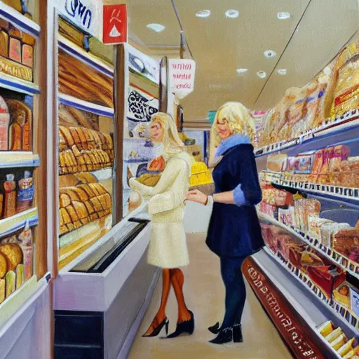 Prompt: high quality award winning painting of a rich blonde woman shopping for bread in a supermarket